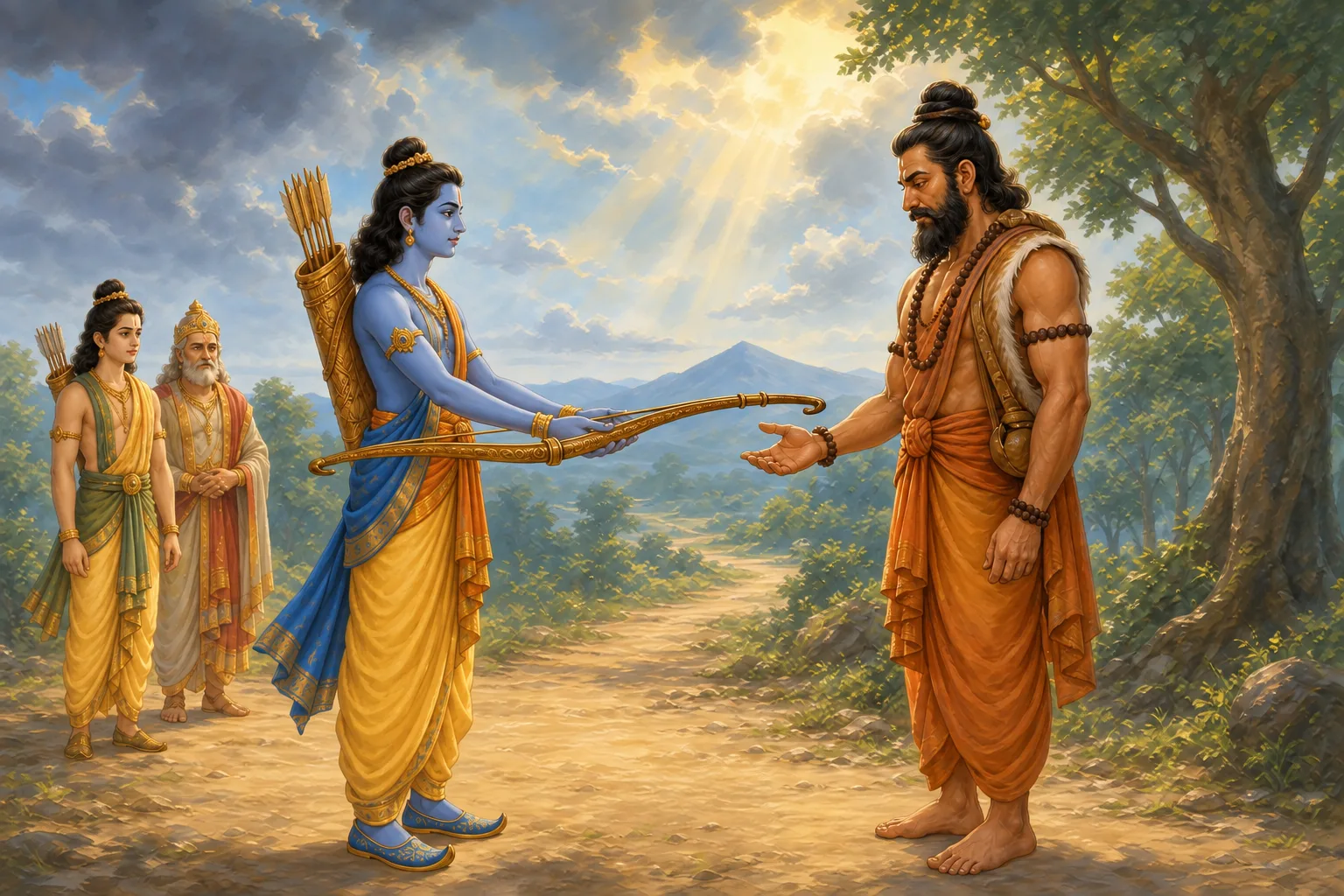 Ram respectfully returns the ancient bow as Parashurama recognizes his strength