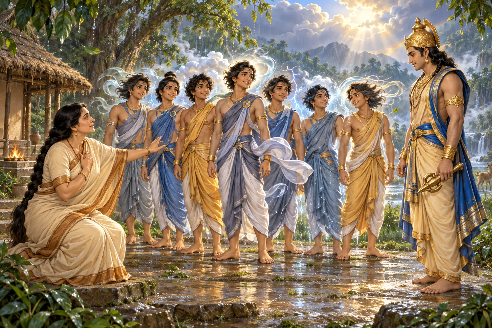 The seven Maruts appear as radiant deities of wind and rain before Diti and Indra