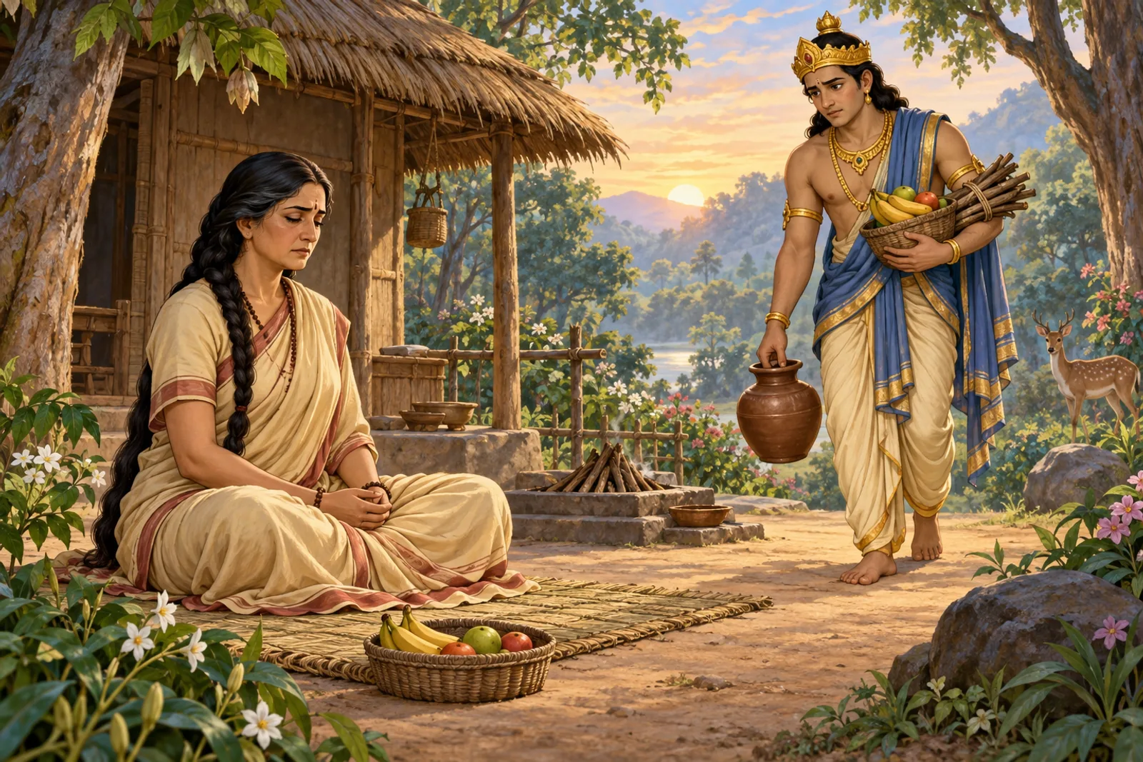 Indra brings water, fruit, and firewood while serving Diti during her vow at the forest hermitage