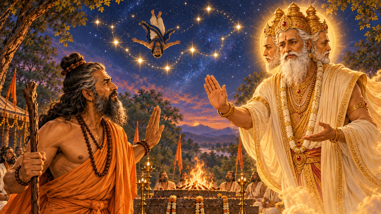 Brahma offers Vishvamitra a calm compromise while Trishanku remains above them among the new stars