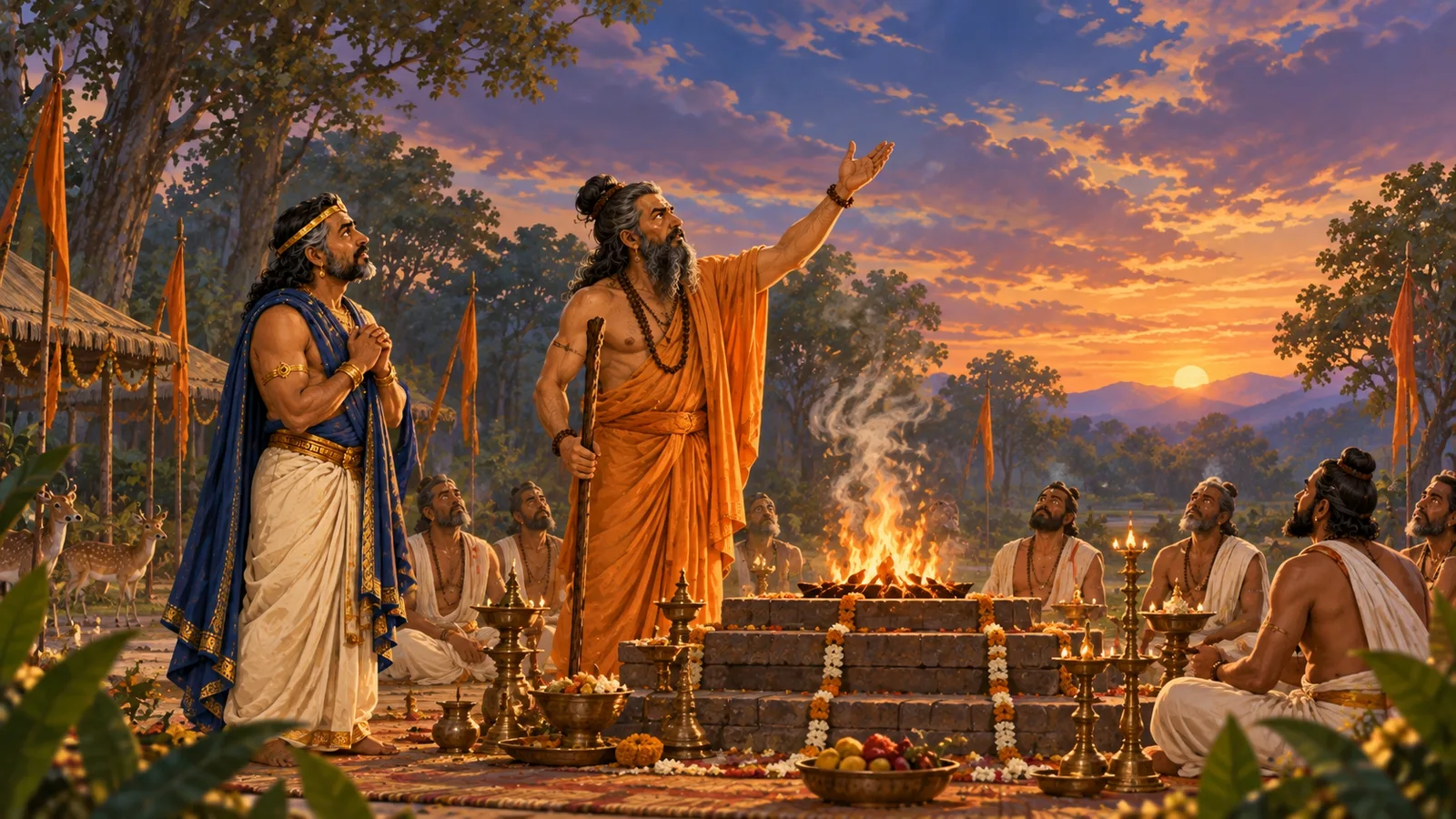 Vishvamitra calls to the gods beside the ritual fire while Trishanku looks up at the empty sky