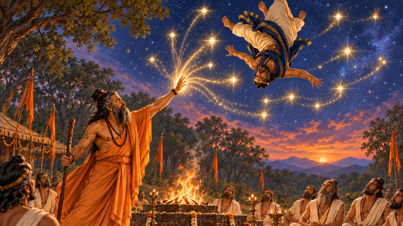 Vishvamitra creates new stars around Trishanku, who remains suspended upside down in the sky