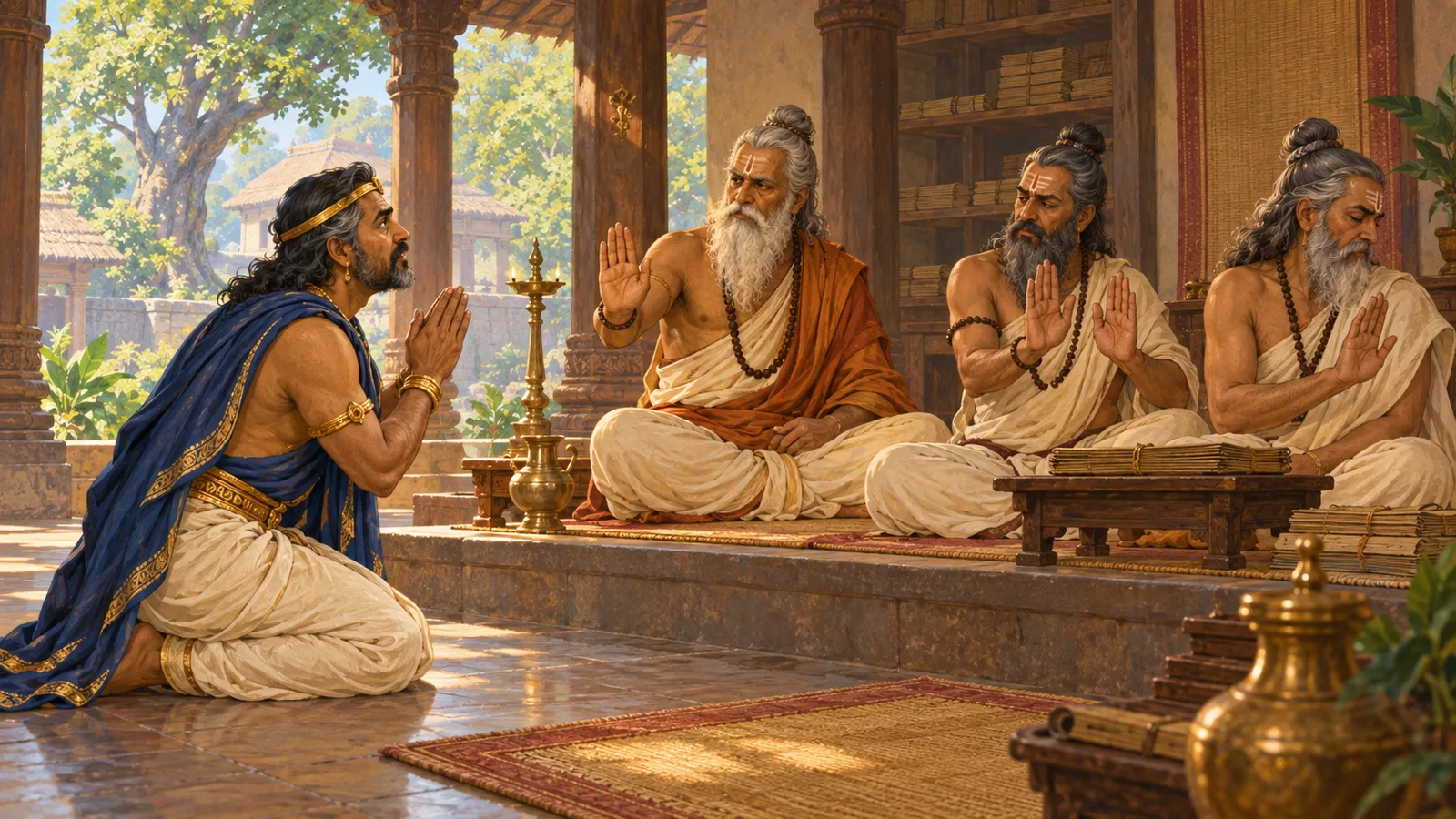 Trishanku asks his family's teachers for help and hears their clear refusal