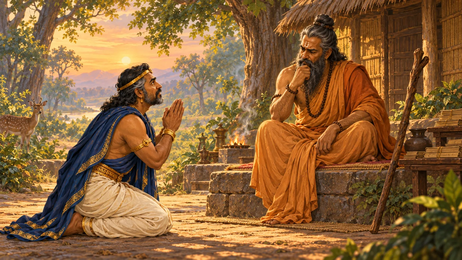 Vishvamitra considers Trishanku's plea and agrees to help him at the forest hermitage