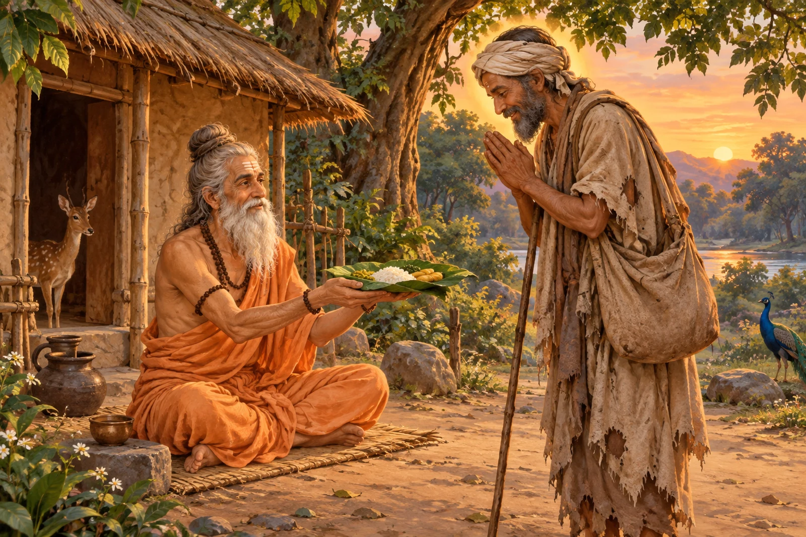Outside the forest hermitage, Vishvamitra gives his food to Indra disguised as a beggar