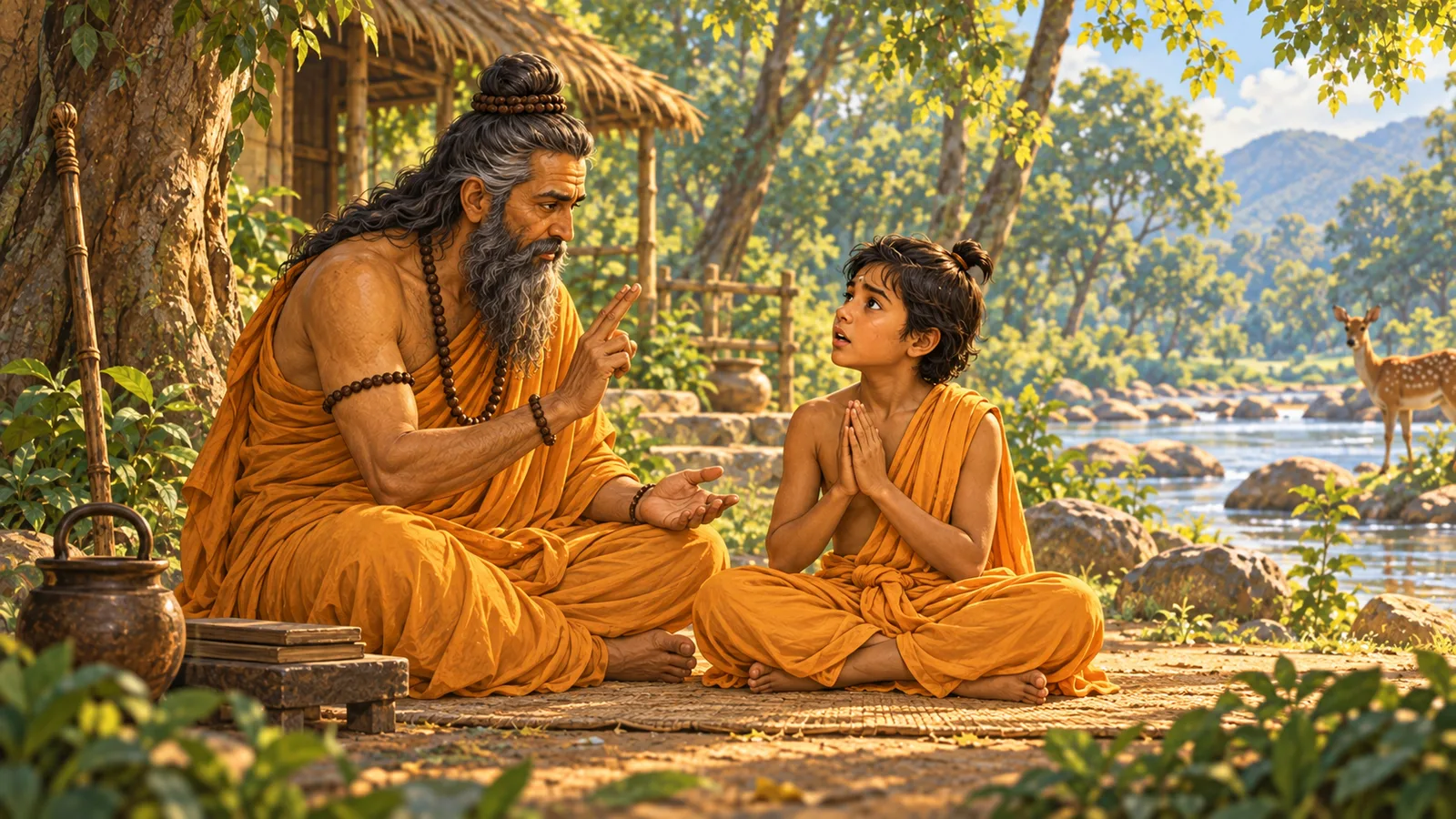 Vishvamitra teaches Shunashepa two prayers at the forest hermitage
