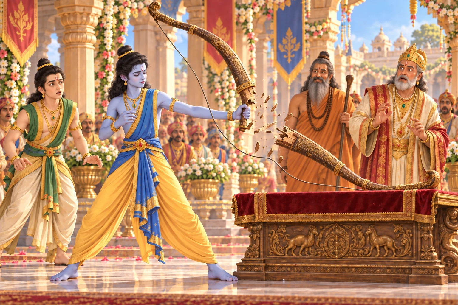 Shiva's great bow breaks as Ram strings it in the Mithila hall while Janaka and Vishvamitra watch