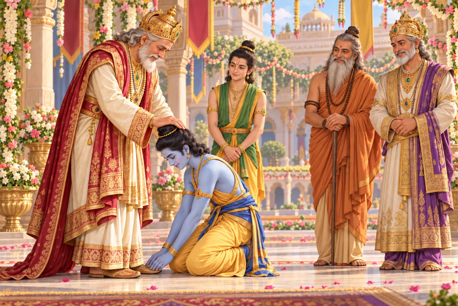 At the Mithila palace, Ram touches Dasharatha's feet while Lakshman, Vishvamitra, and Janaka watch warmly