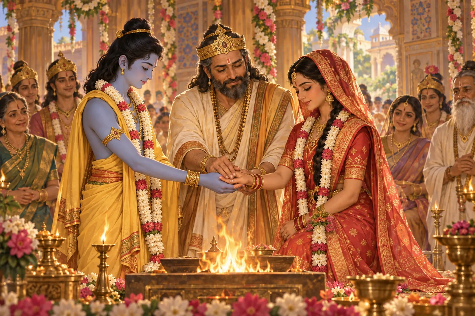 Before the sacred fire in Mithila, Janaka places Sita's hand in Ram's