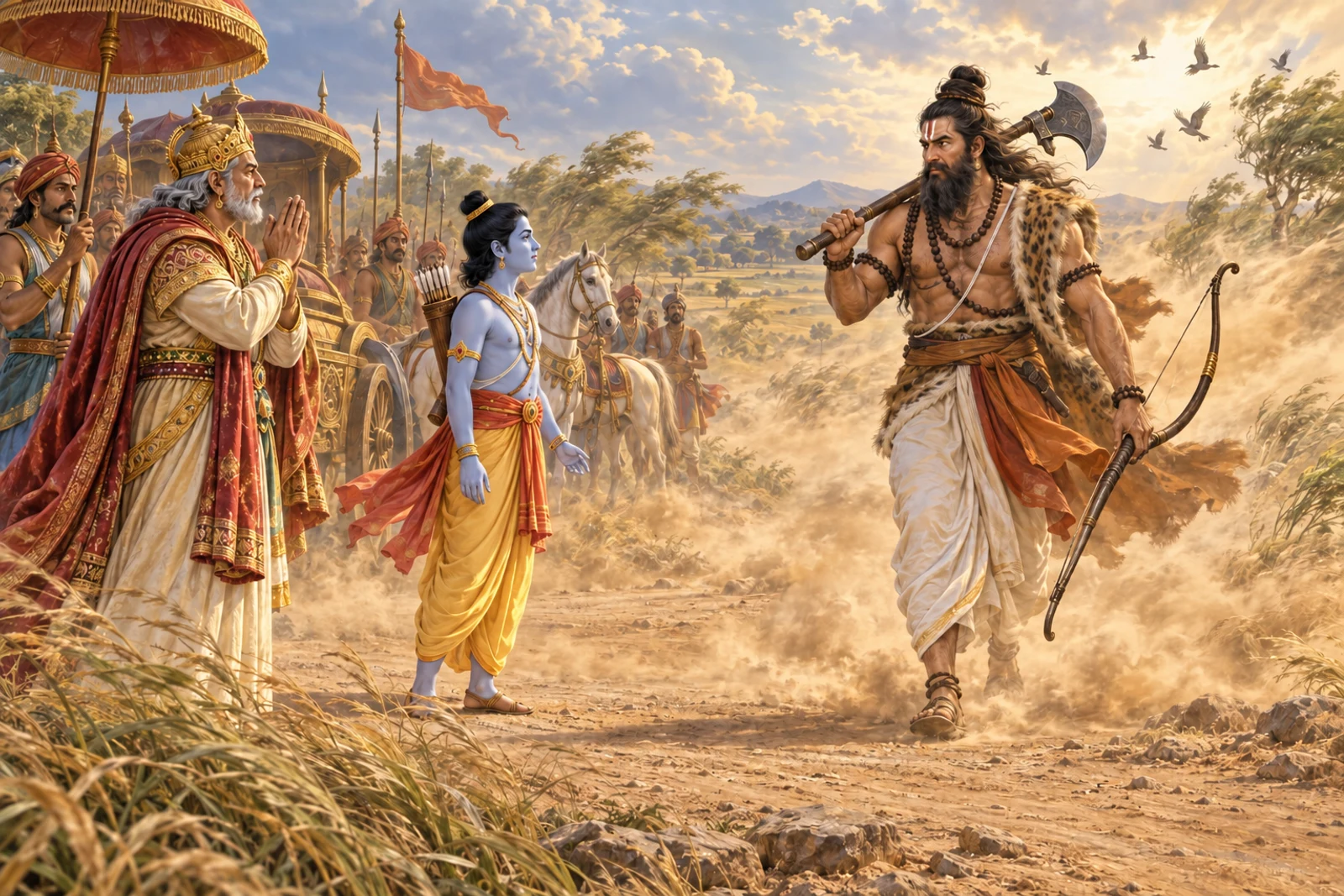 On the dusty road, young Ram calmly steps forward as Dasharatha respectfully greets Parashurama