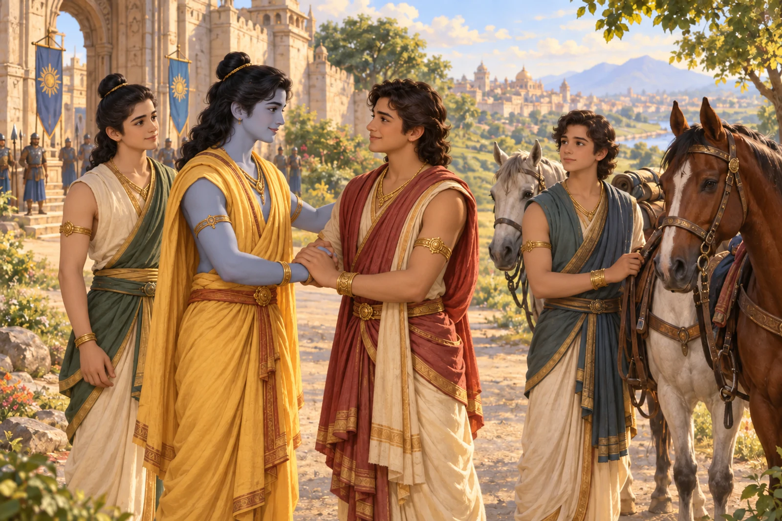 Outside Ayodhya, Ram and Lakshman say goodbye to Bharat and Shatrughna before their journey to Kekaya