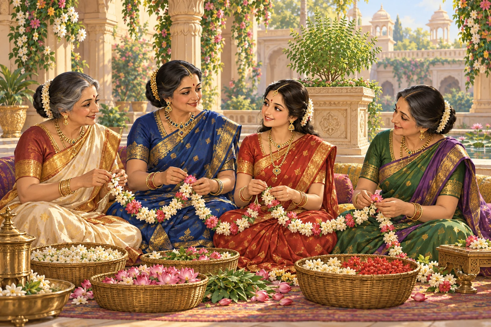 In an inner Ayodhya courtyard, Sita makes a flower garland with Kaushalya, Kaikeyi, and Sumitra