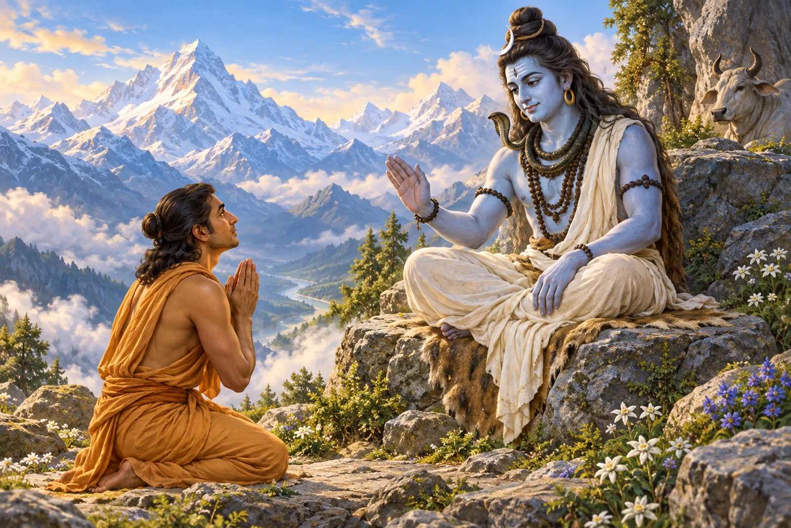 On a Himalayan mountainside, Shiva promises Bhagiratha that he will guide Ganga's descent