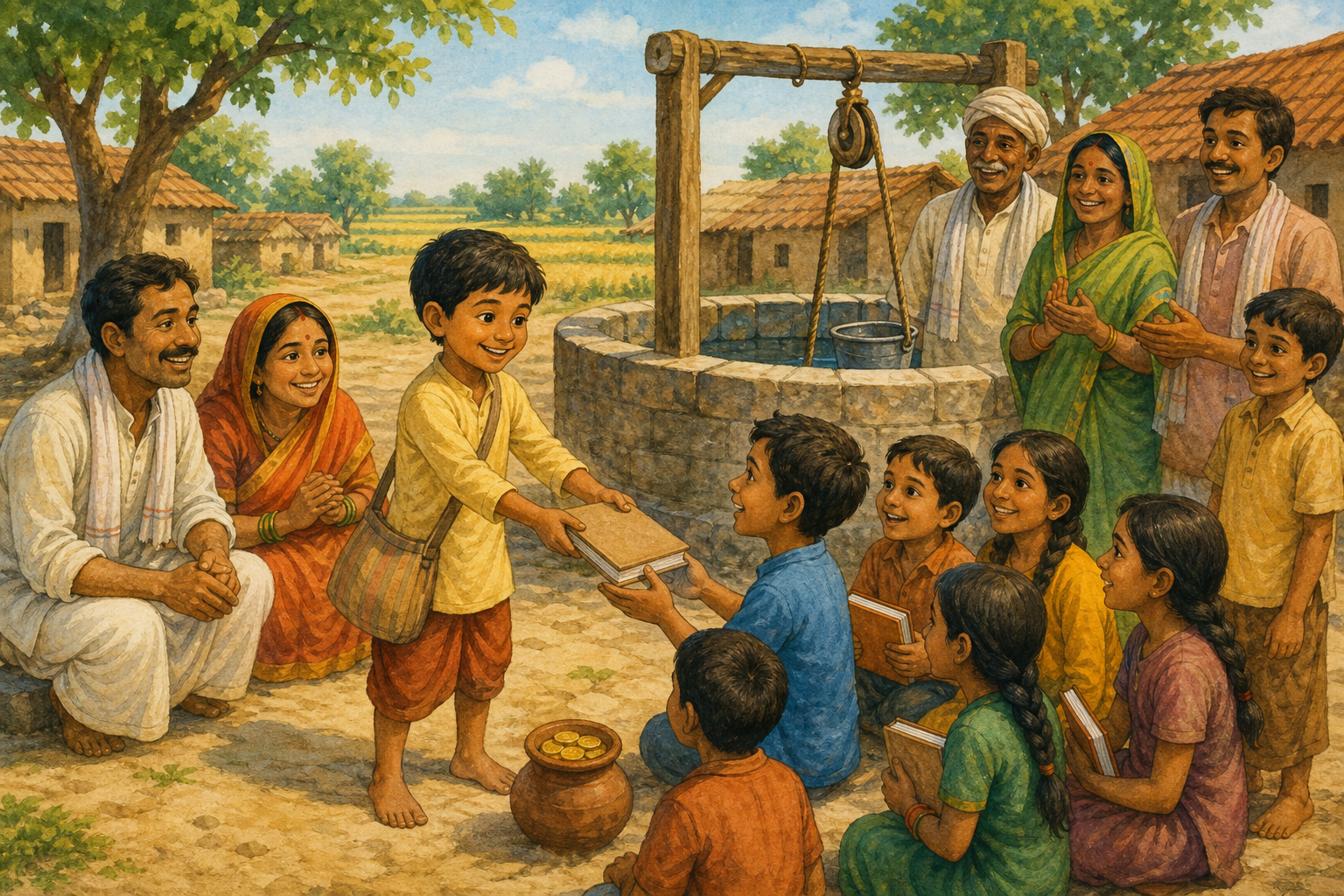 Bhola shares books with village children beside the repaired well