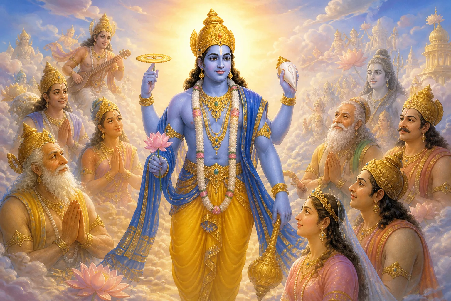 The devas stand before Vishnu and ask him to be born as Dasharatha's sons