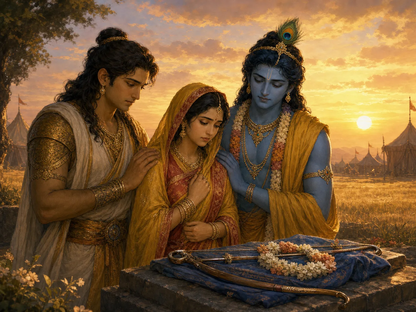Surrounded on all sides, Abhimanyu defends himself with extraordinary courage inside the Chakravyuha