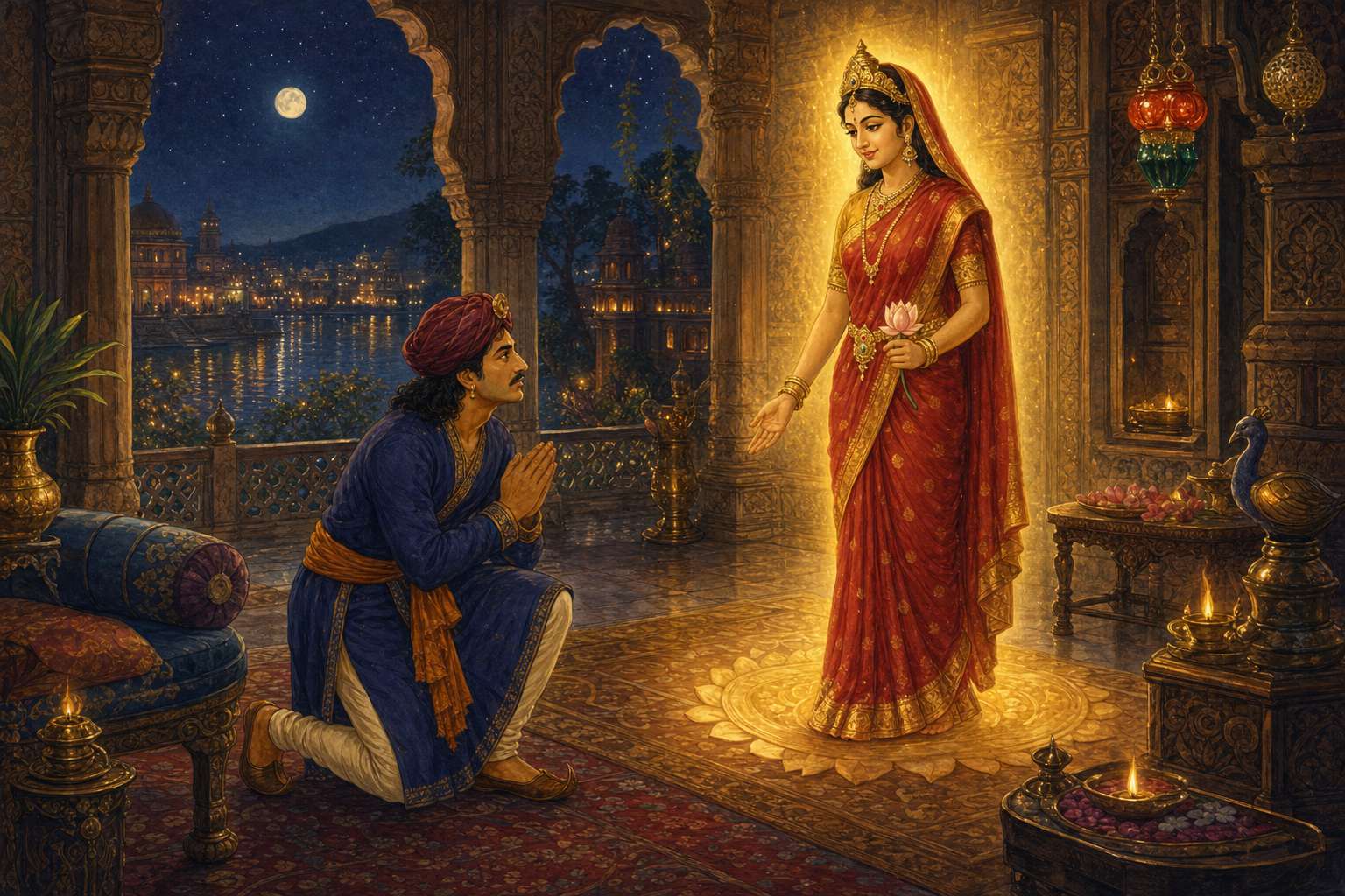 Lakshmi appears in a gentle golden light before Vikram