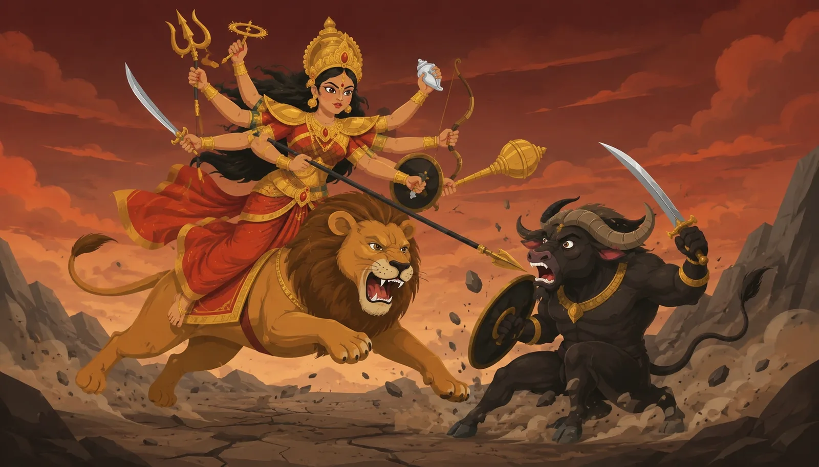 Goddess Durga pins Mahishasura to the ground and raises her mighty trident