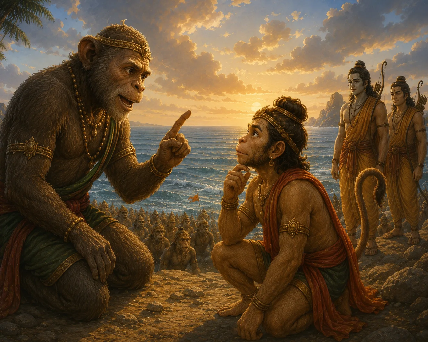 Old Jambavan reminds Hanuman by the ocean's edge that he has forgotten his true powers