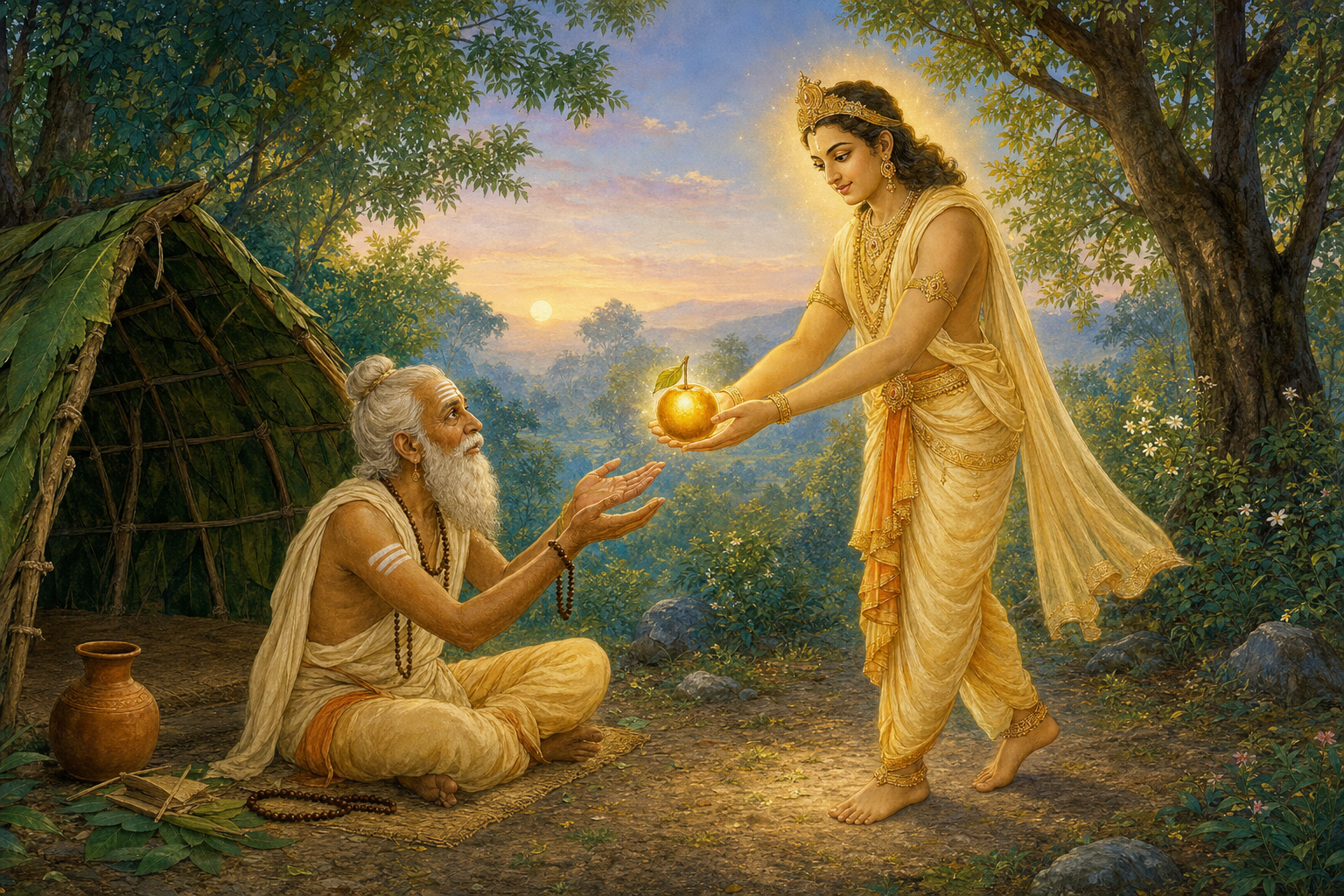 A divine messenger entrusts the fruit of long life to the devoted Brahmin