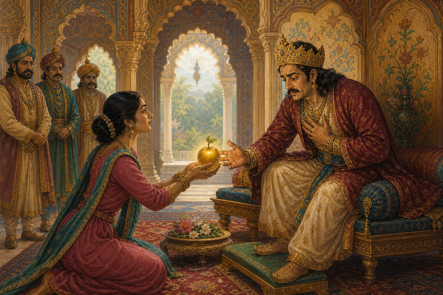 The thoughtful court performer returns the fruit to King Bharthari