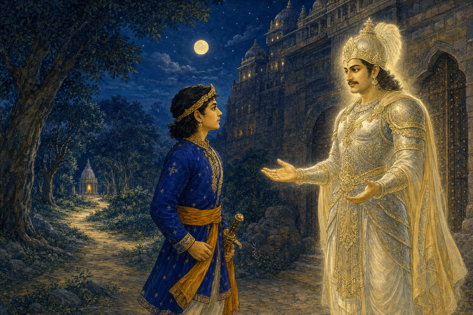The divine city guardian warns Vikram at the moonlit gate