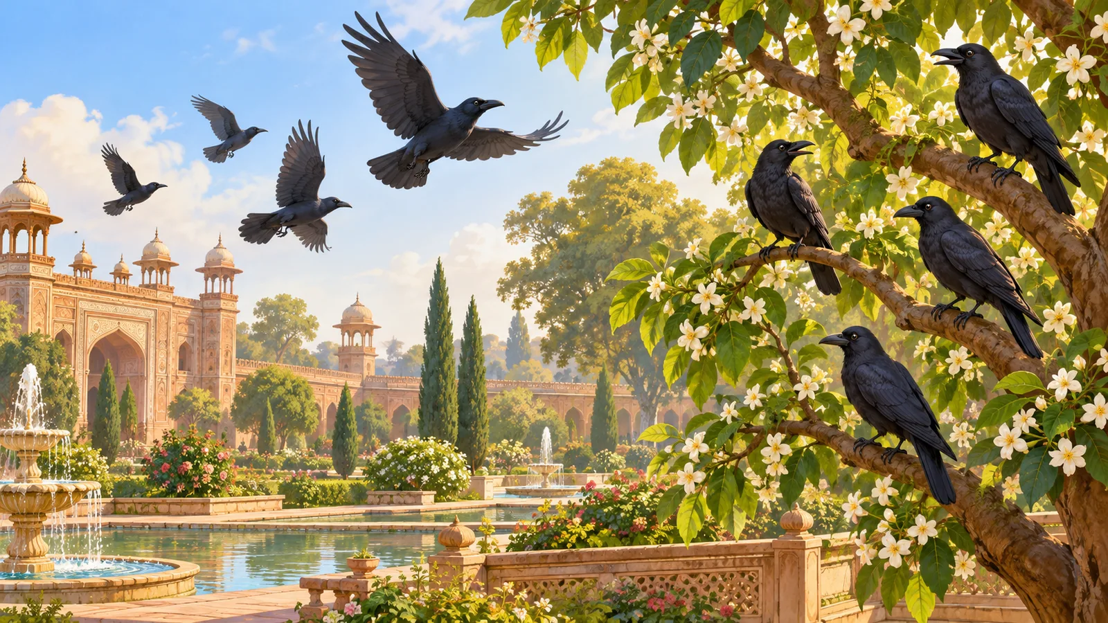 Crows arrive and leave above the palace garden, as Birbal explains their visits.