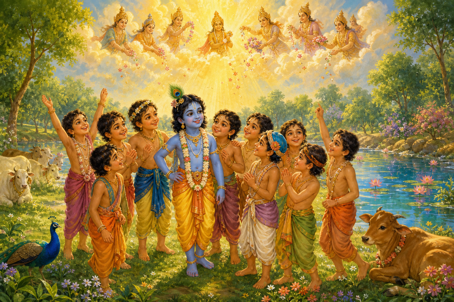 Krishna stands with the revived cowherd boys beside Jai Kund