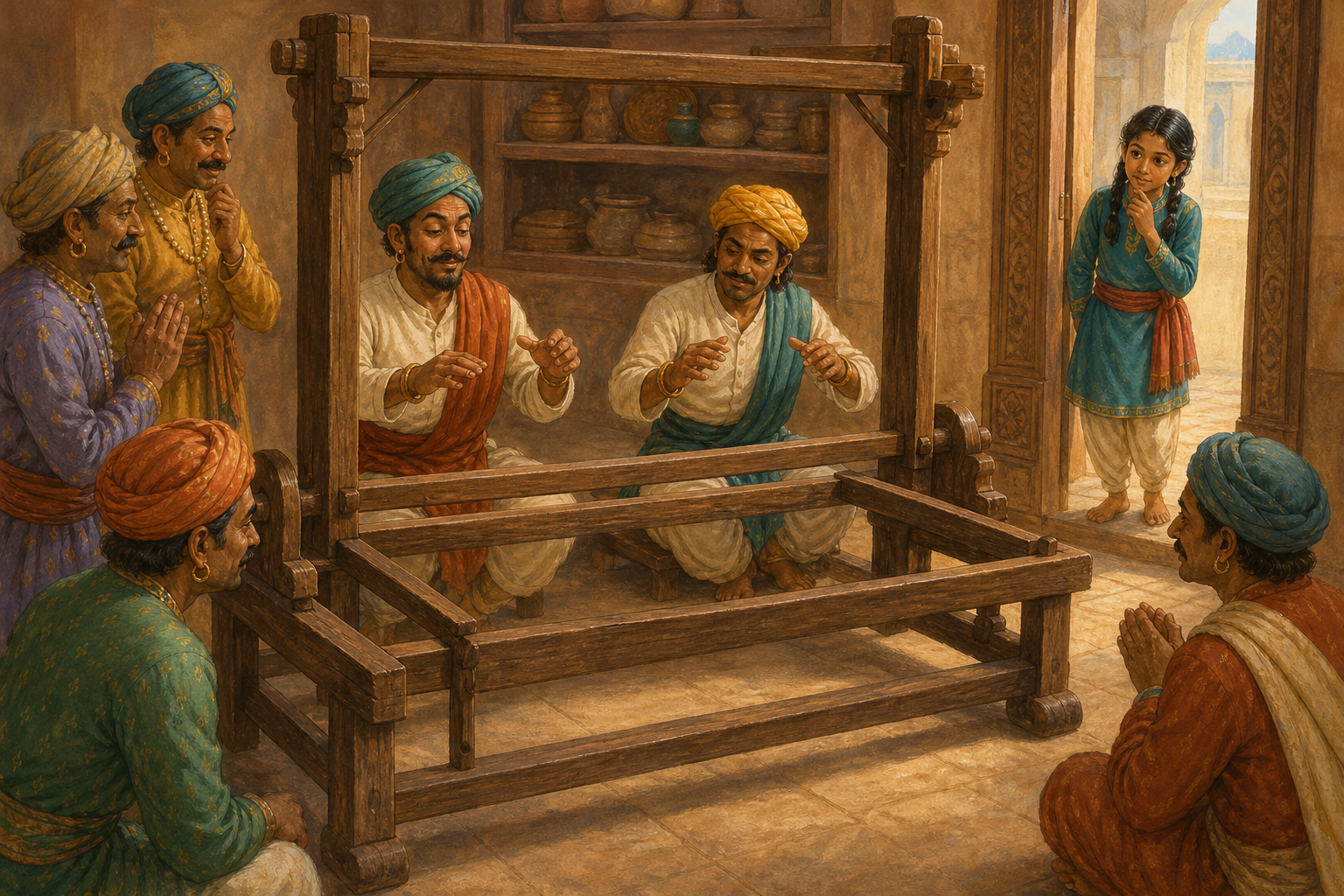 Tara watches from the doorway as two travellers pretend to weave at an empty loom