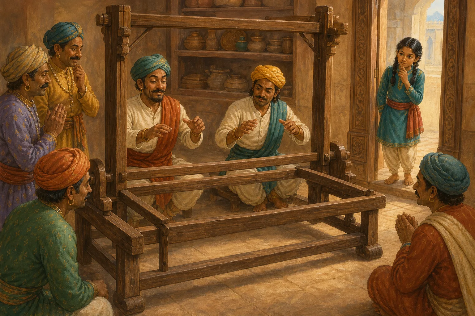 Tara watches from the doorway as two travellers pretend to weave at an empty loom