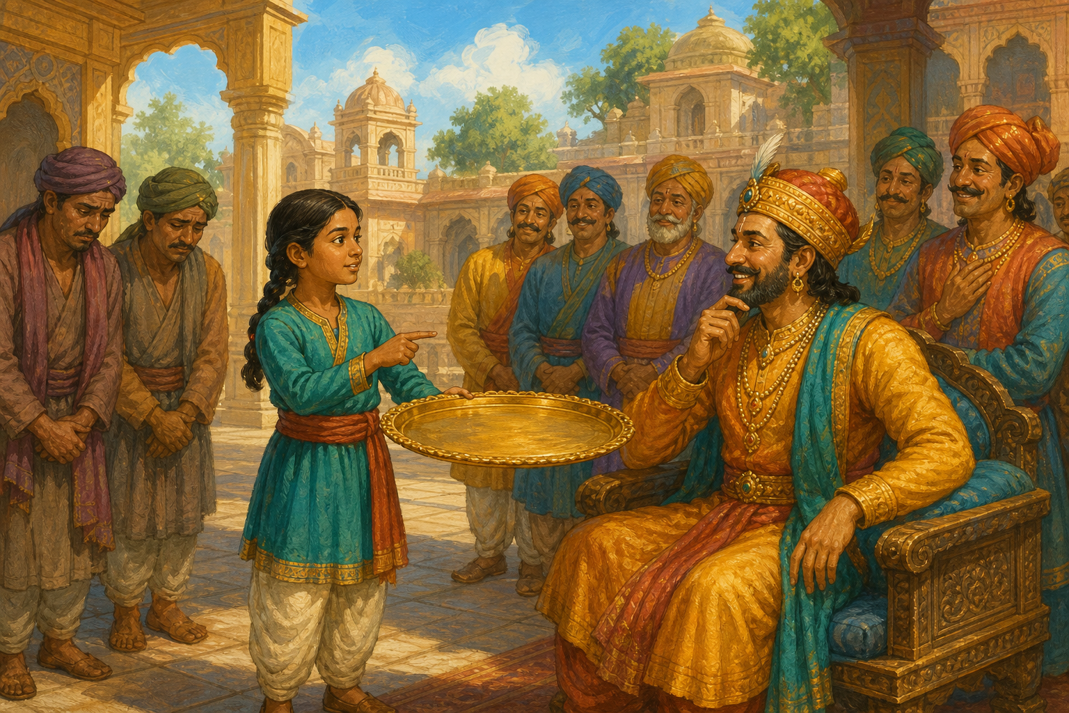 Tara points to the empty golden tray while the king listens carefully