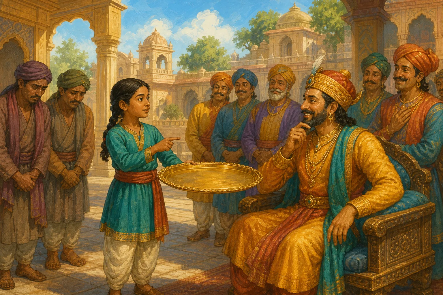 Tara points to the empty golden tray while the king listens carefully