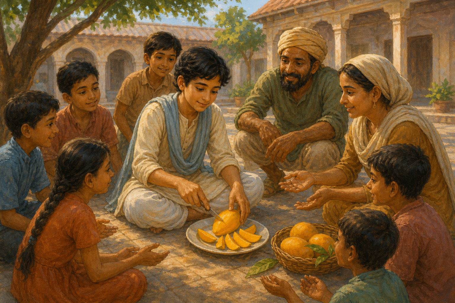 Shuddhamati shares equal slices of a golden mango with children and the school’s helpers