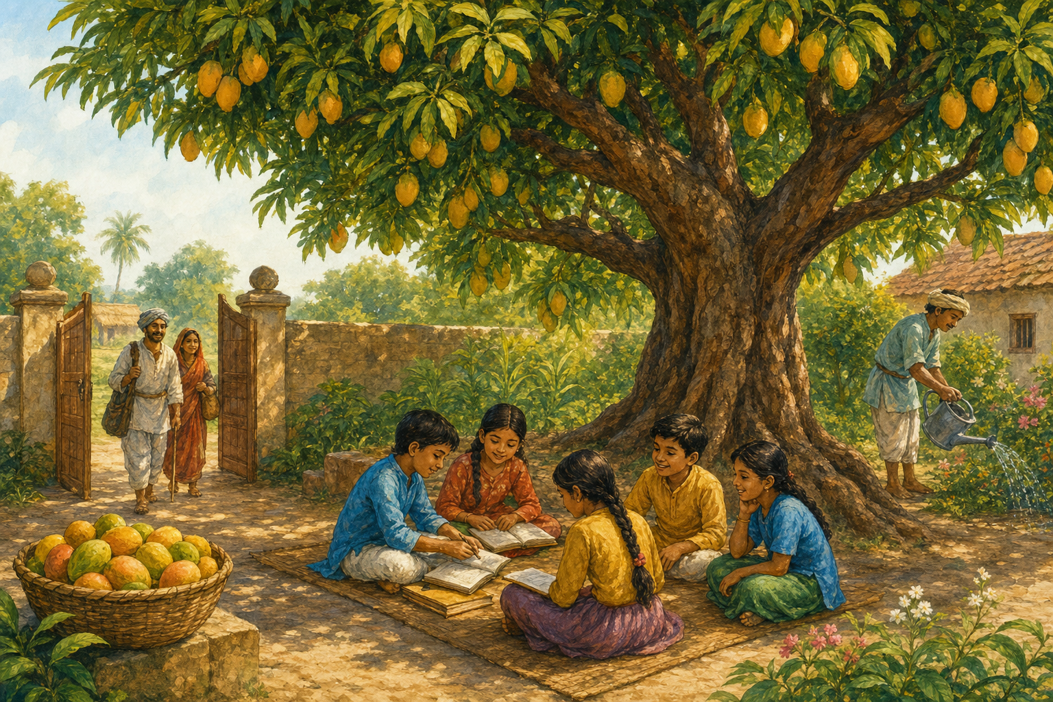 Children study beneath the grown mango tree beside a basket of fruit for travellers