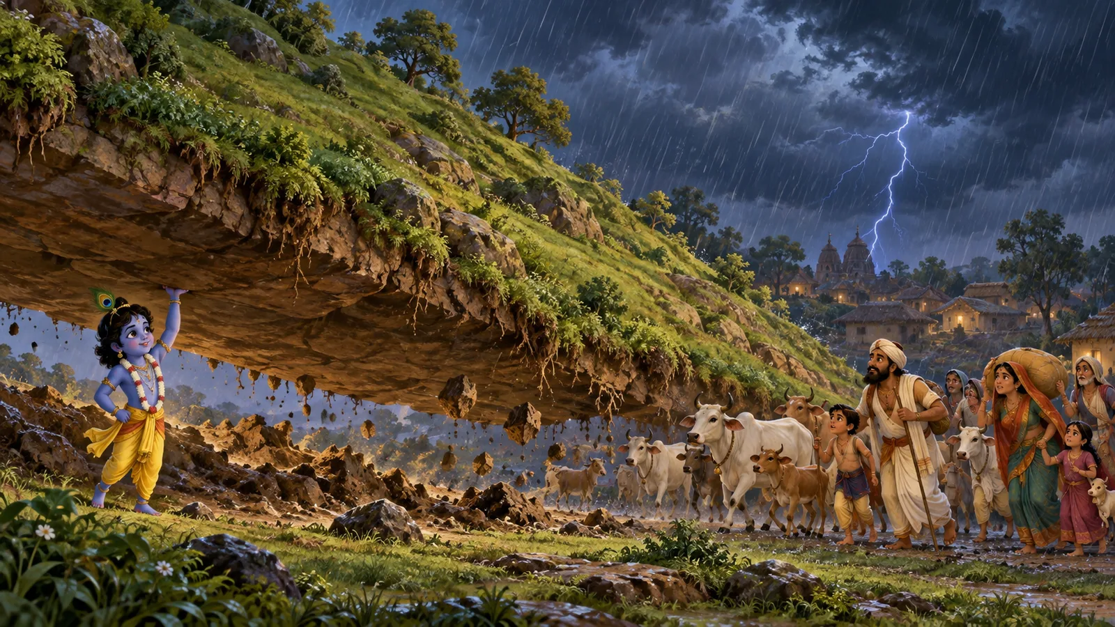 Krishna raises Govardhan with one hand as families and cattle approach the opening beneath it.