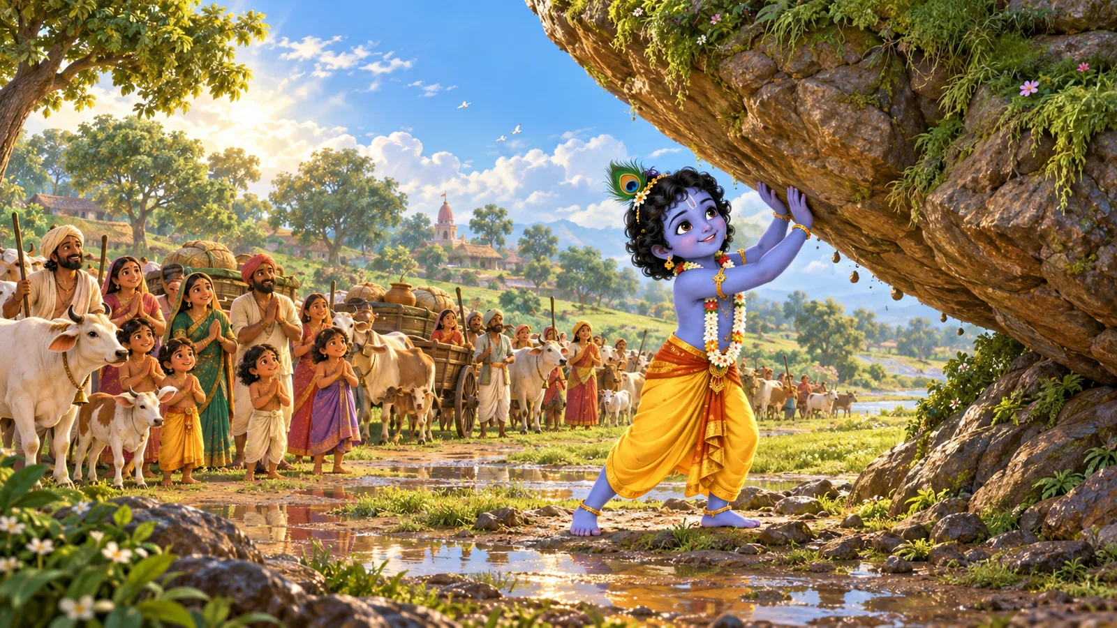 Krishna lowers Govardhan after the rain while families and cattle wait safely outside.