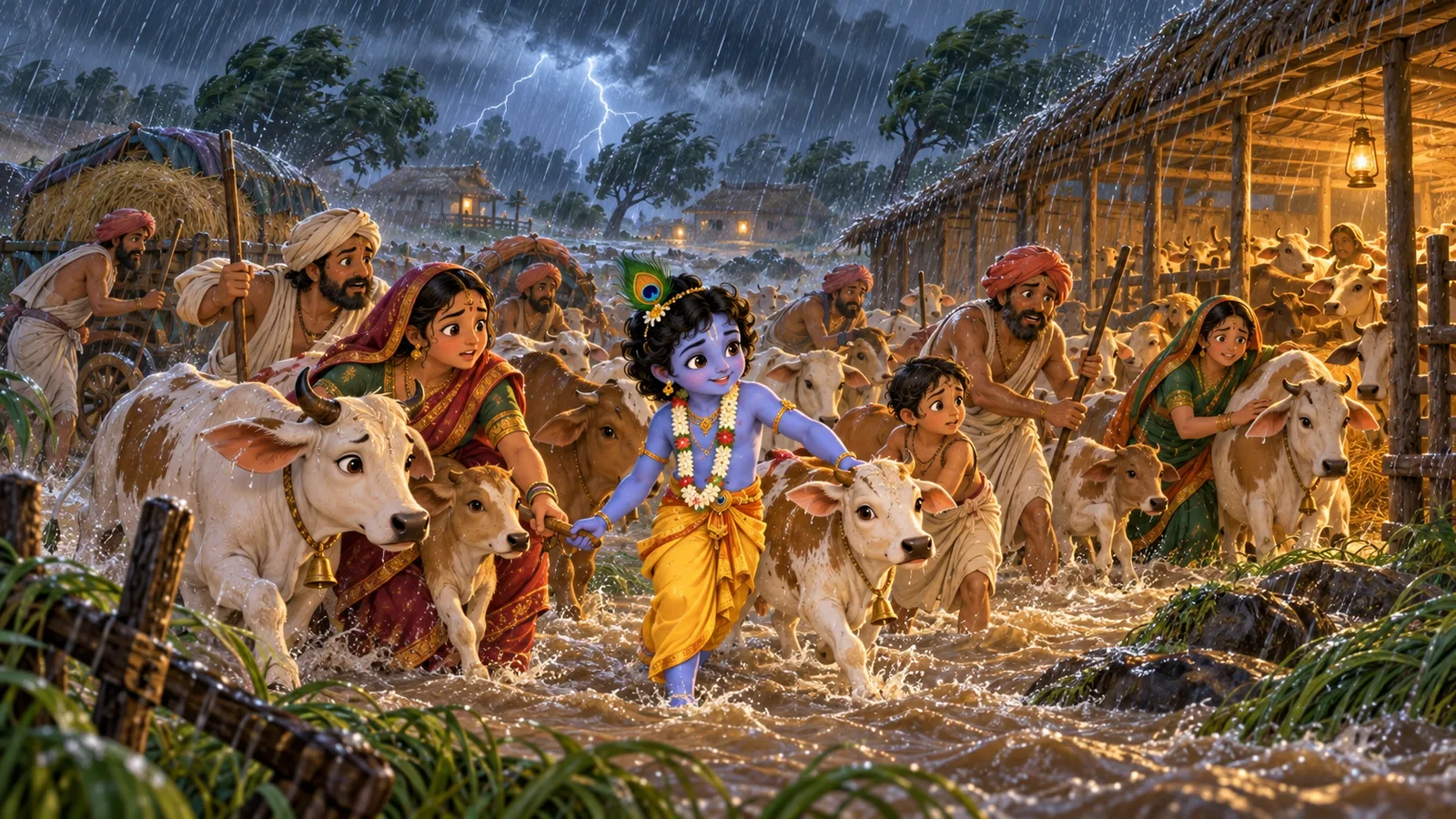 Krishna and cowherd families gather cows and calves as heavy rain floods Gokula.