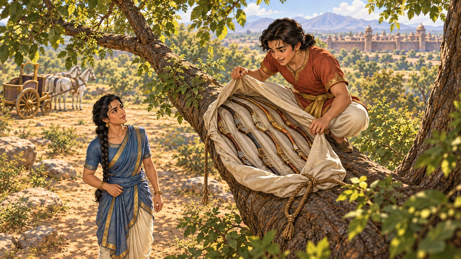 Uttara opens a cloth bundle of five bows in the shami tree while Brihannala watches below.