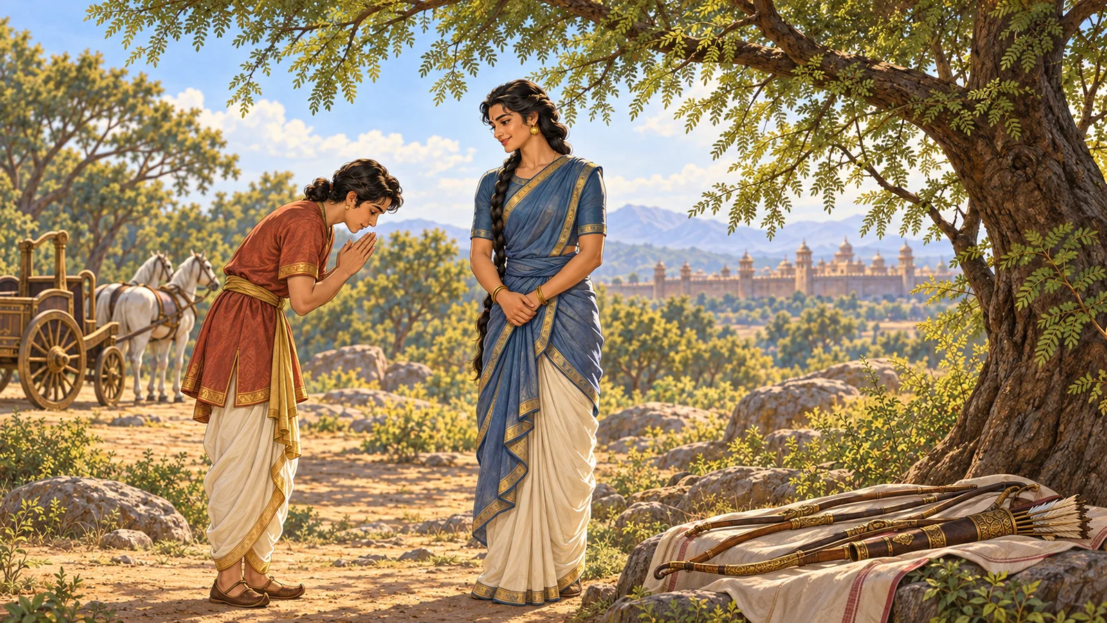 Uttara bows with joined palms to Arjuna beside the recovered bows.