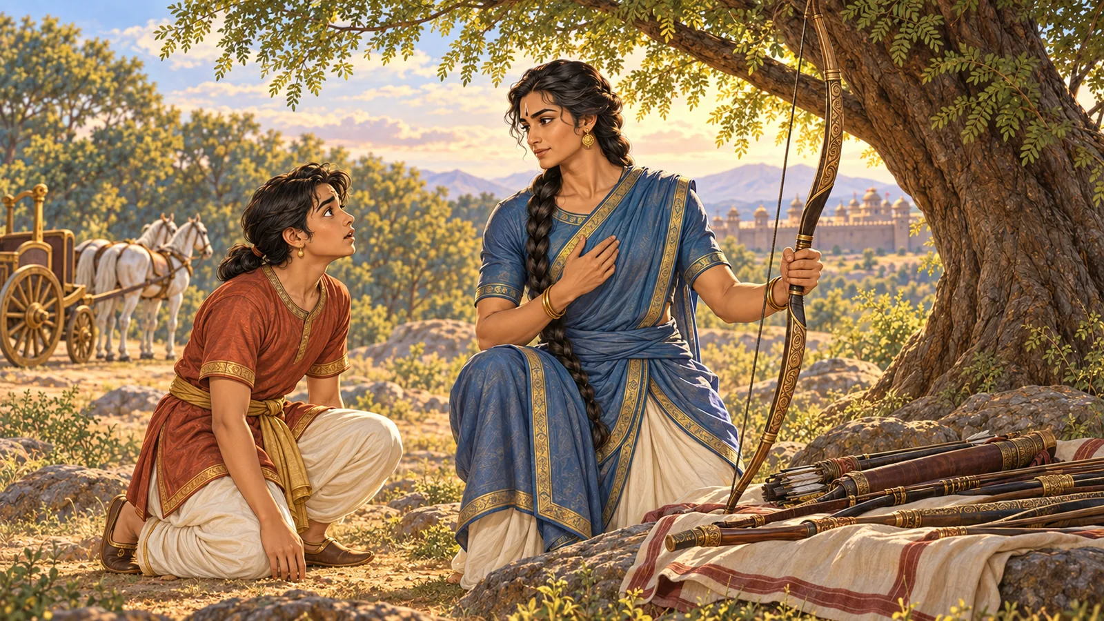 Arjuna holds Gandiva and reveals his identity to an astonished Uttara beneath the tree.