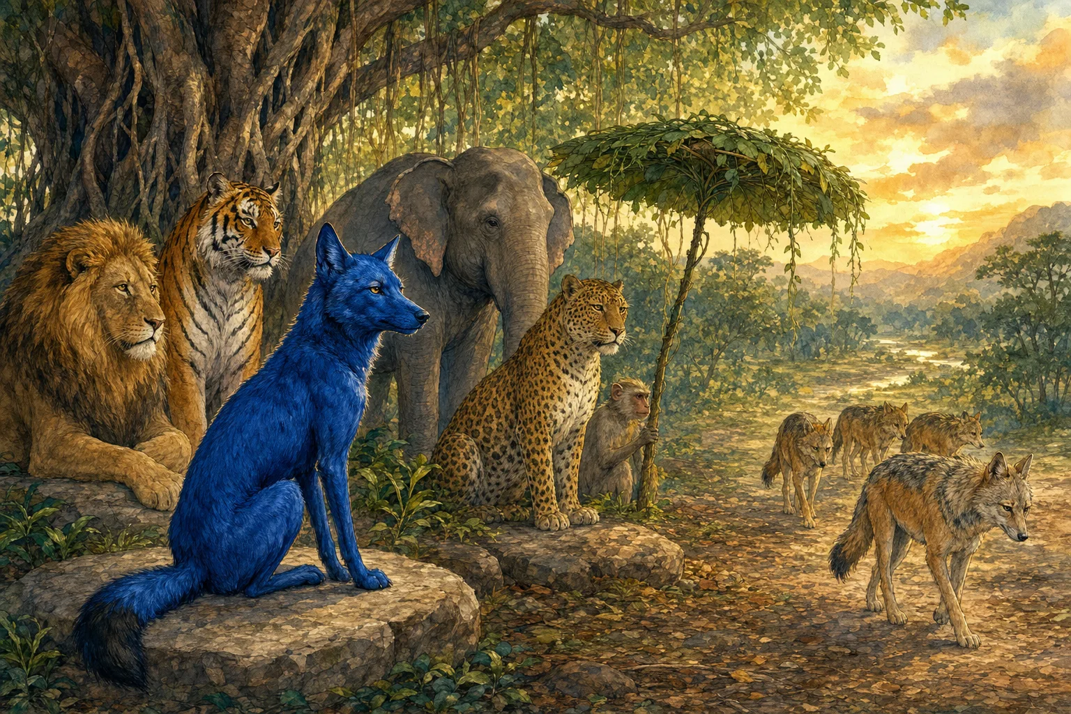 Fierce-Howl eats alone from a golden bowl, uneasy after banishing the jackals who once knew him