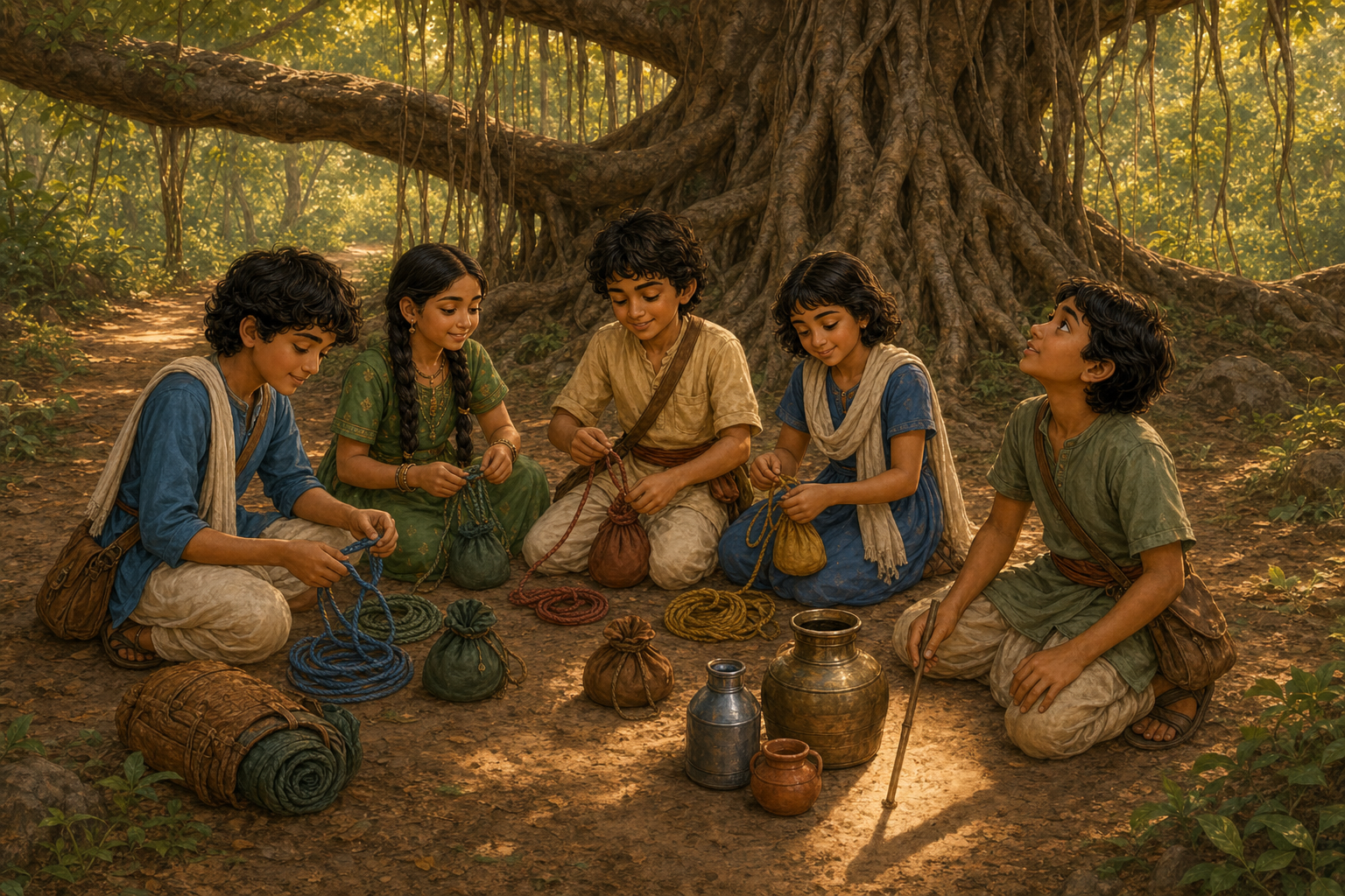 Five friends plan their exploration beneath a giant banyan with branches reaching in four directions