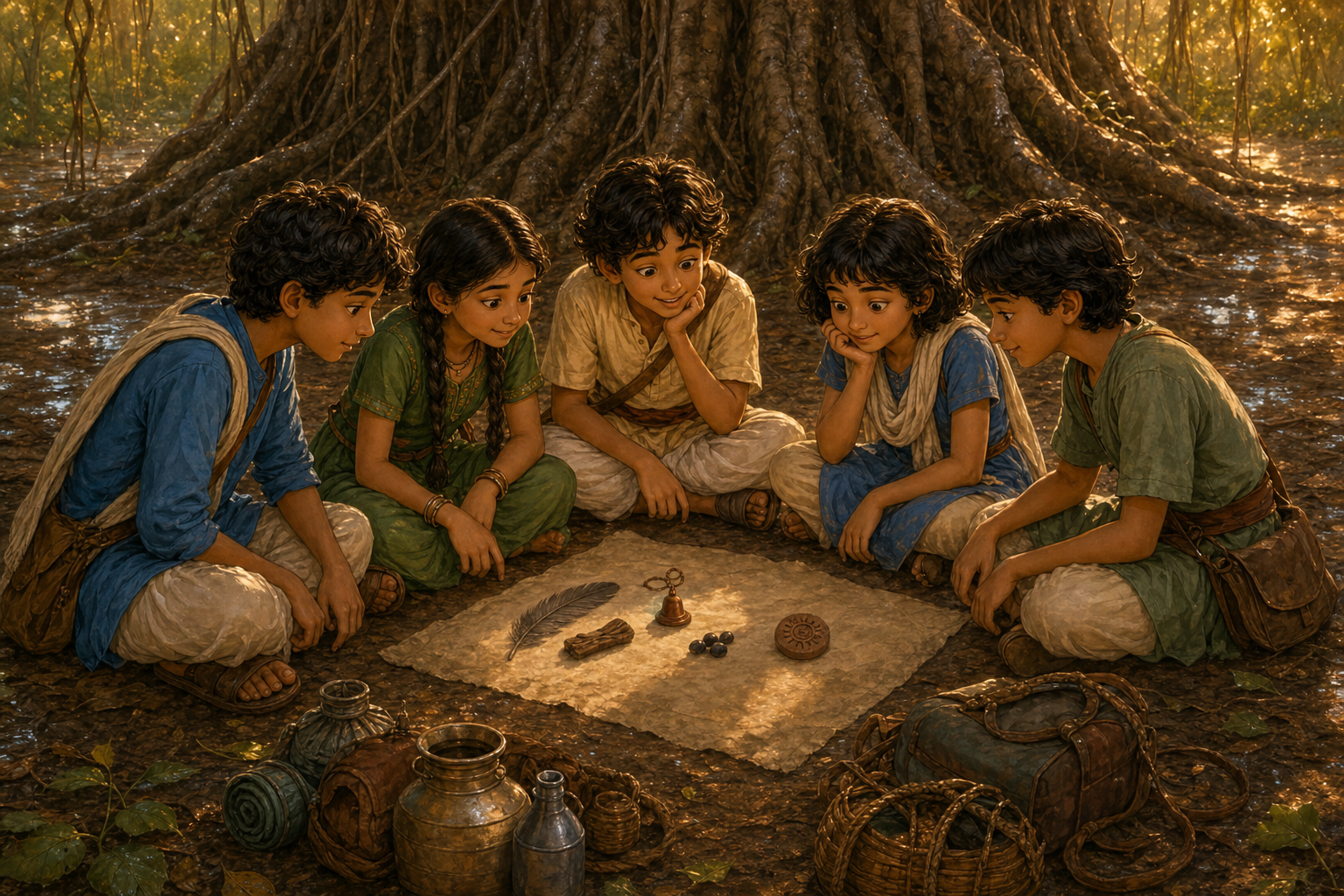 The five friends study four mysterious clues arranged on a cloth between the banyan roots