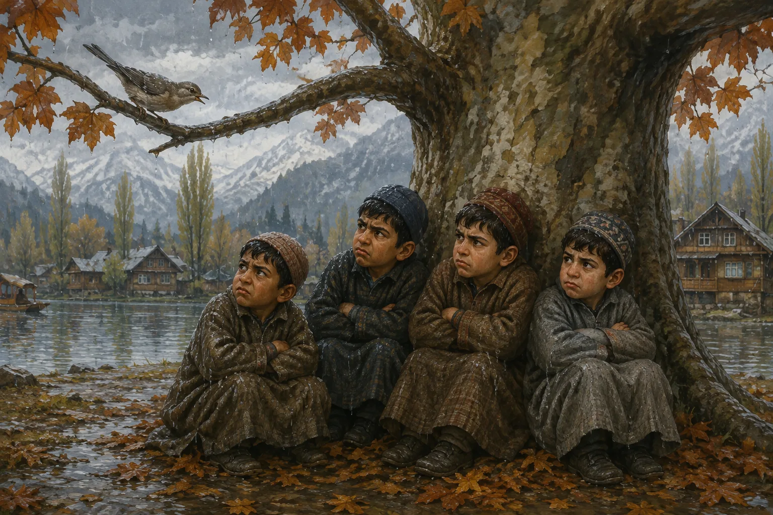 The four brothers shelter from cold rain beneath a tree as the little bird speaks from a low branch