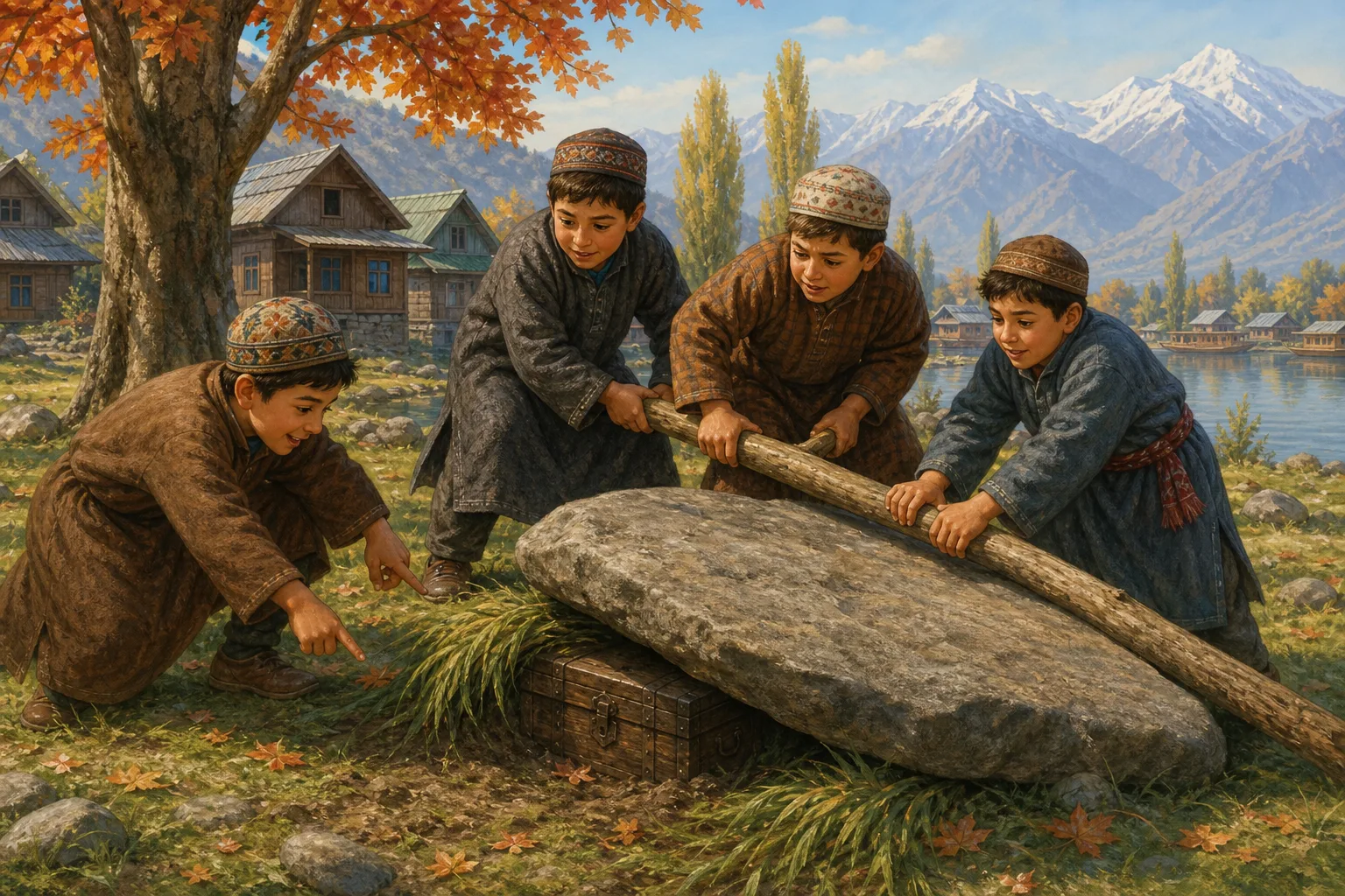 The four brothers work together to lift the heavy stone and reveal an old chest beneath it