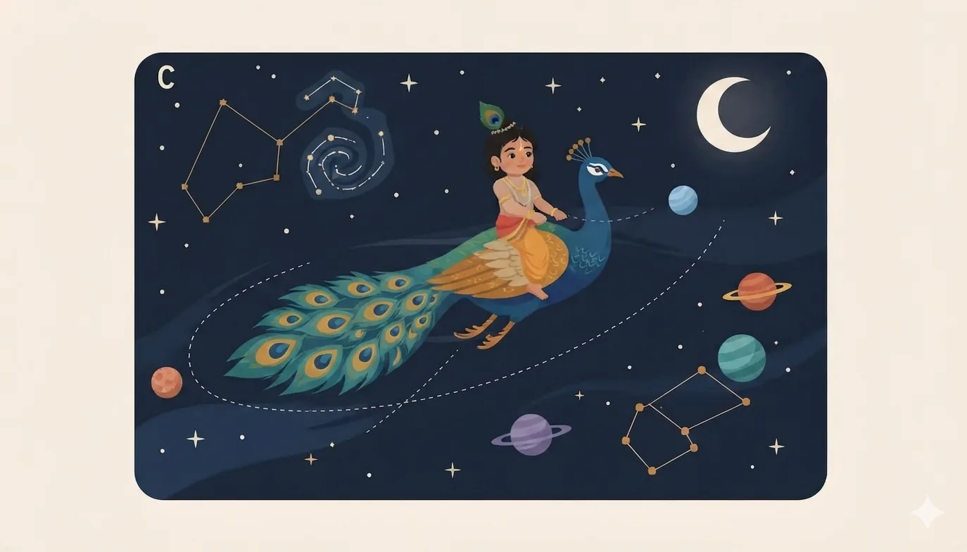 Kartikeya rides his swift peacock past stars and planets