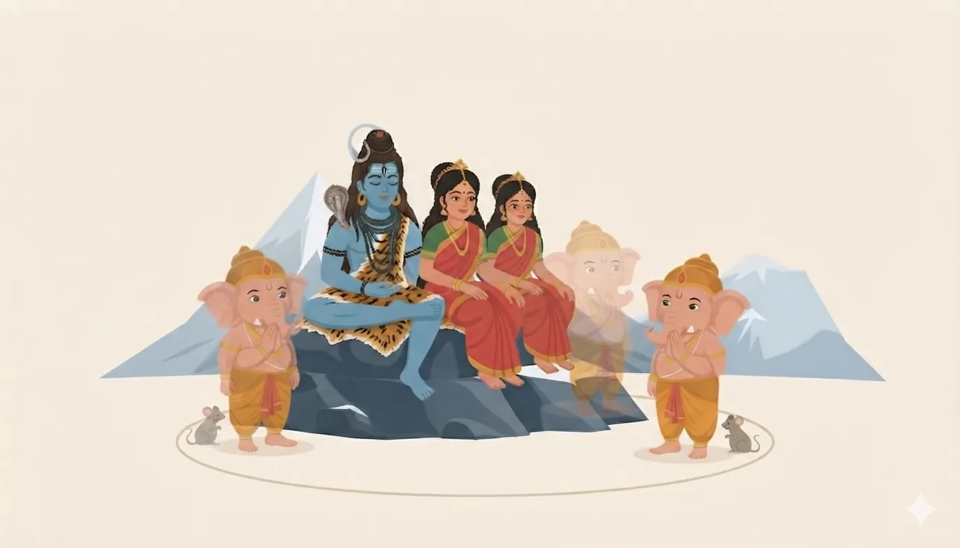Ganesha folds his hands and walks slowly around his mother and father