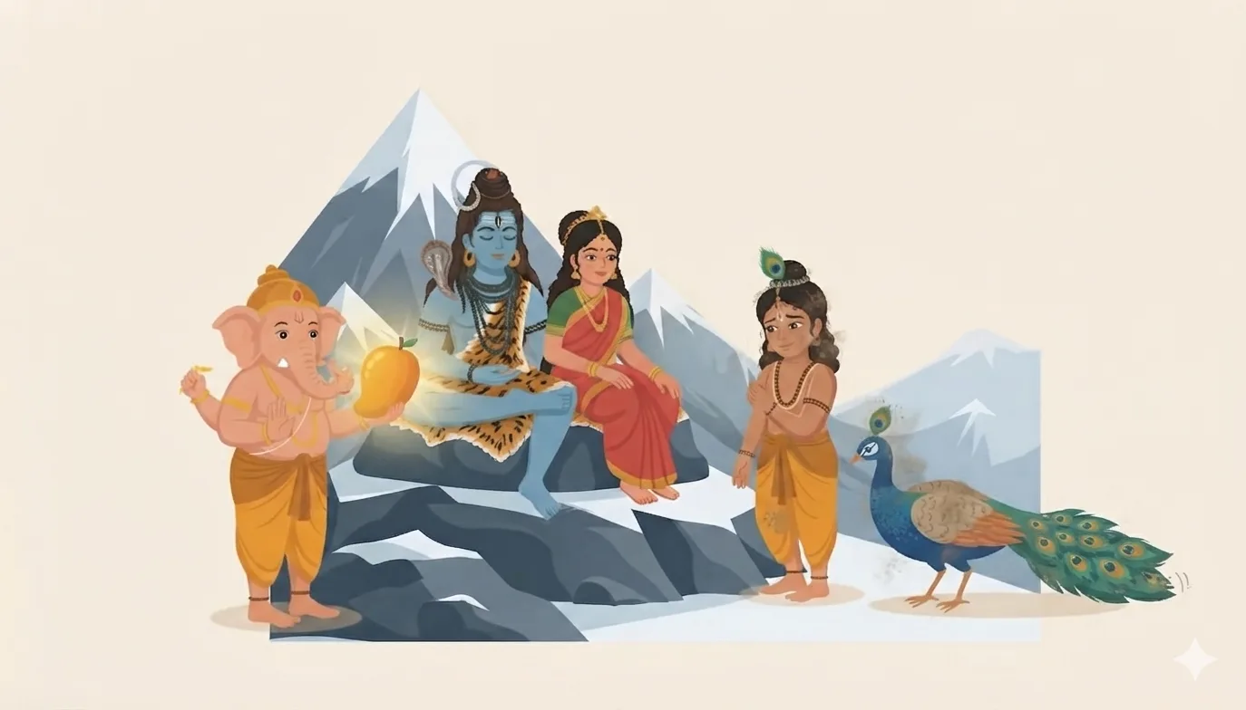 A tired Kartikeya returns to find Ganesha already holding the golden mango