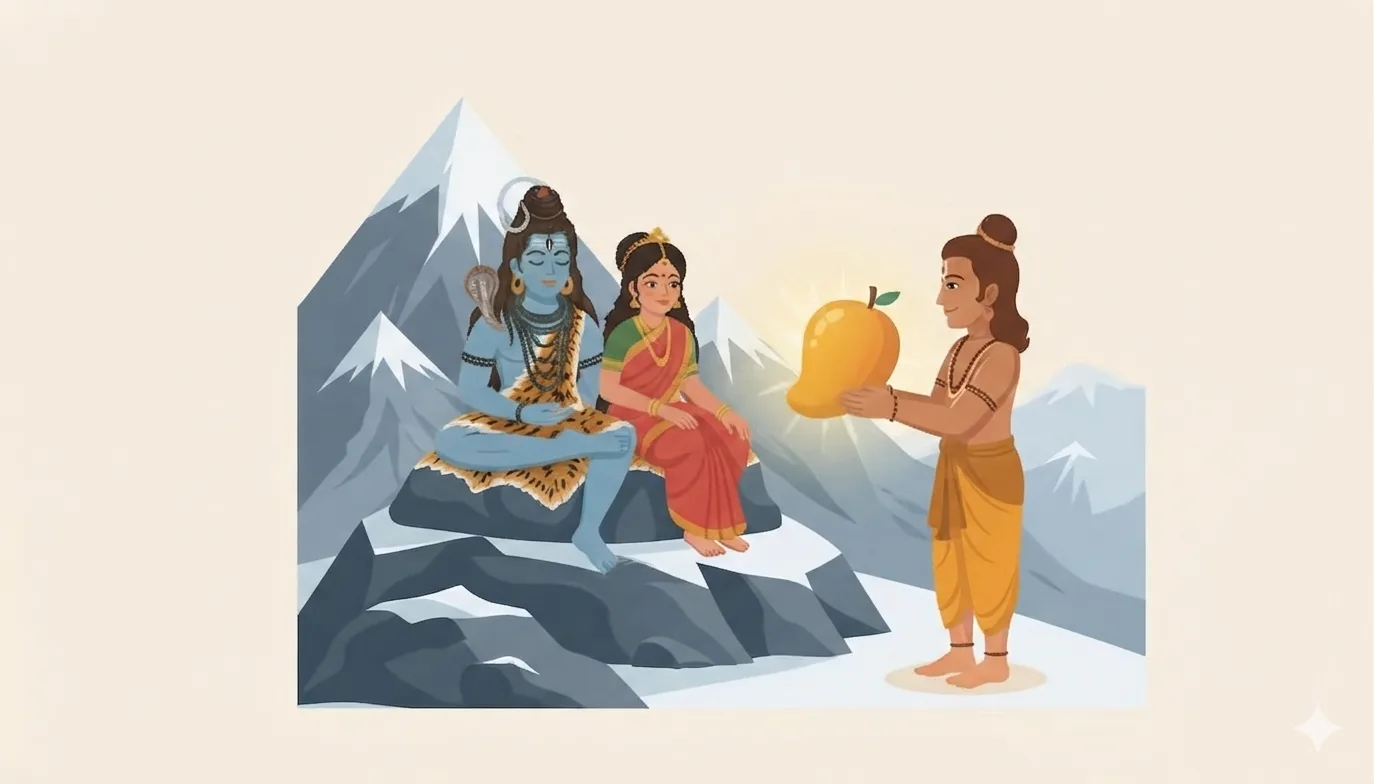 Narada presents the golden mango to Shiva and Parvati at Mount Kailash