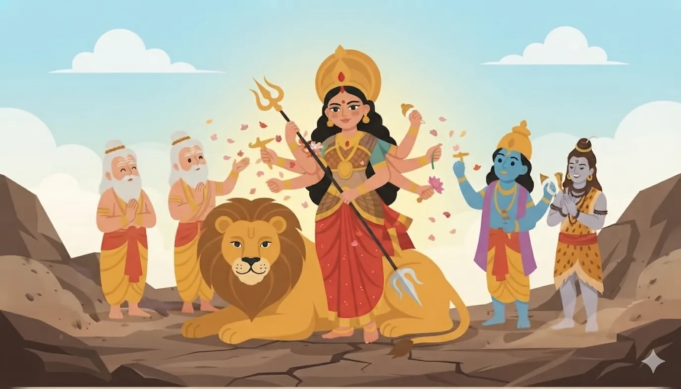 The gods cheer and rain flowers from heaven to celebrate Durga's victory